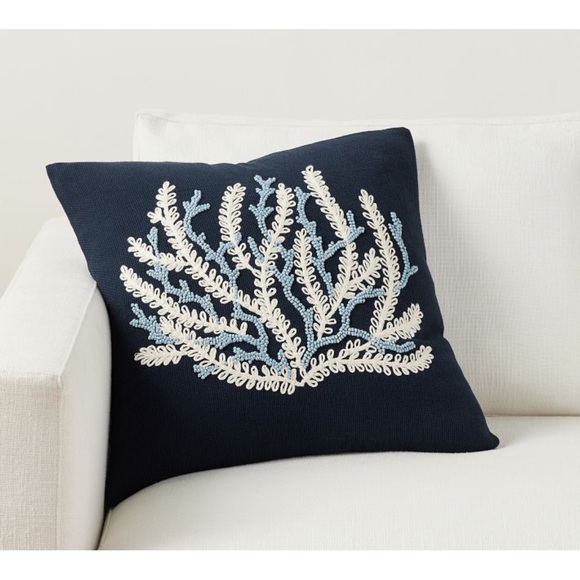 New Pottery Barn Coral Applique Pillow Cover, Navy Blue Coastal, Beach, Seaside - Picture 1 of 16
